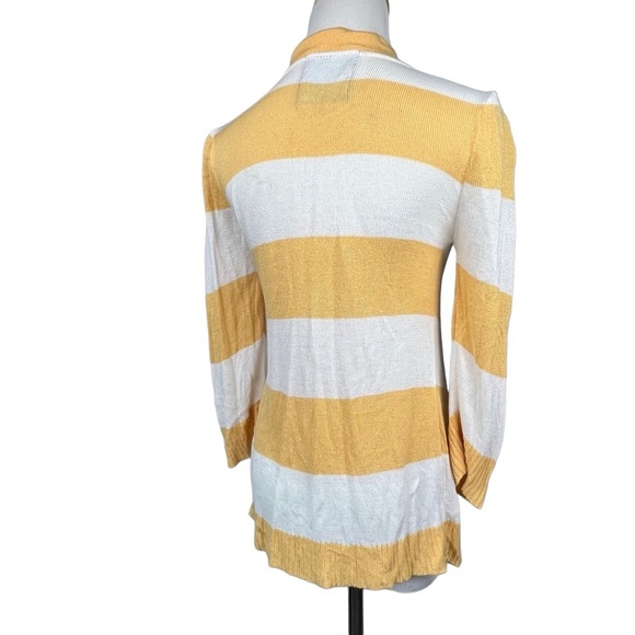 ABSOLUTELY Yellow and White Rugby Stripe 3/4 Sleeve Cardigan Open Sweater - Picture 3 of 8